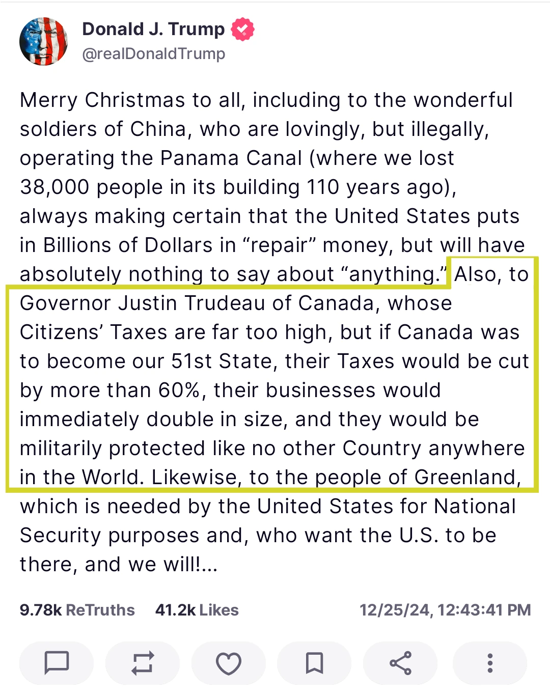 truth social trump canada taxes 51 state